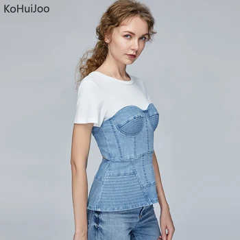 

KoHuIJoo Summer Denim T-shirt Women Sexy Back Hollow Out High Fashion Patchwork T-shirts Retro Denim Slim Harajuku Tops Blue