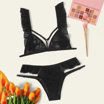 

Sexy Bra Set 2020 New Women Plus Size Lace Lingerie Bra+Thong Underwear Set Black Sleepwear #3