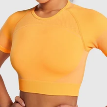 Бесшовная спортивная рубашка для женщин, укороченный топ для йоги, спортивные топы для тренировок, футболки с коротким рукавом для спортзала