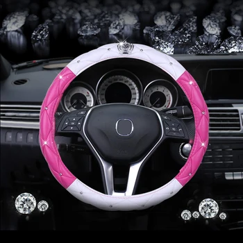 

Luxury Crown Pink Steering Wheel Cover for Girls Women PU Leather Diamond Rhinestones Car Wheel Cover Soft Bling 38cm Universal