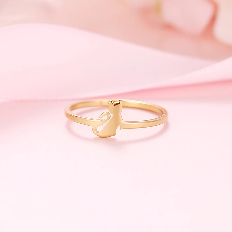 DOTIFI New Cute Female Small Cat Ring Fashion 316L Stainless Steel Ring Jewelry Birthday Gift E73 - Цвет основного камня: Gold