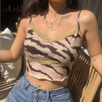

Artsu 2020 Tiger Pattern Print Lace Women Crop Top Summer Sexy Deep V-neck Cotton Tank Tops Sleeveless Backless Clothes AS41336