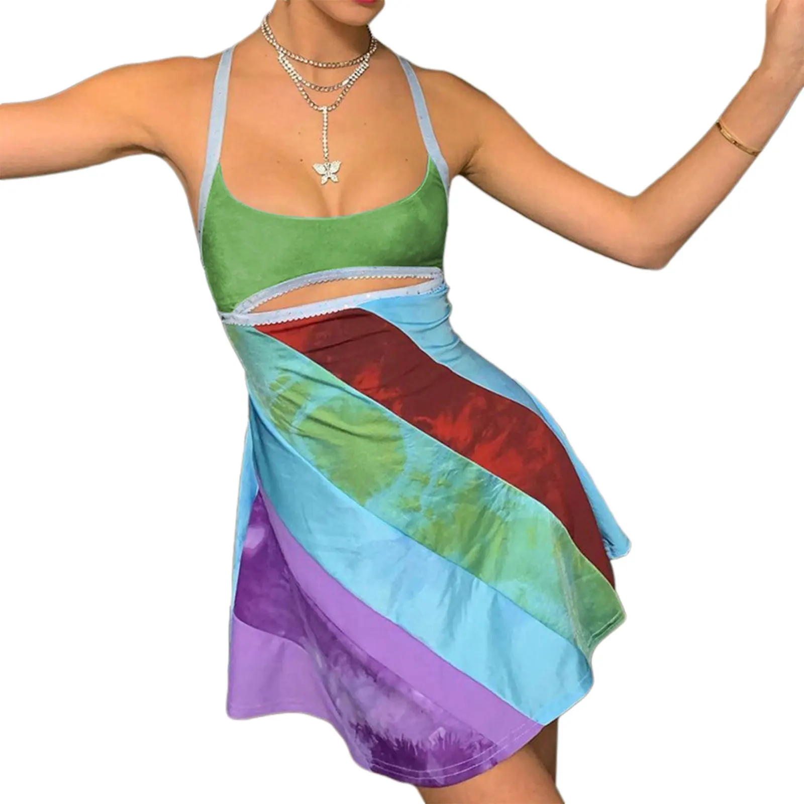 Womens Sexy Bodycon Print Semi-Sheer Sheath Mini Dress Sleeveless Backless Y2K E-Girl Party Streetwear 3