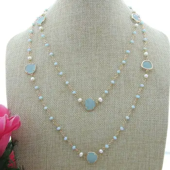 

S101507 44'' White Round Pearl Blue Crystal Necklace