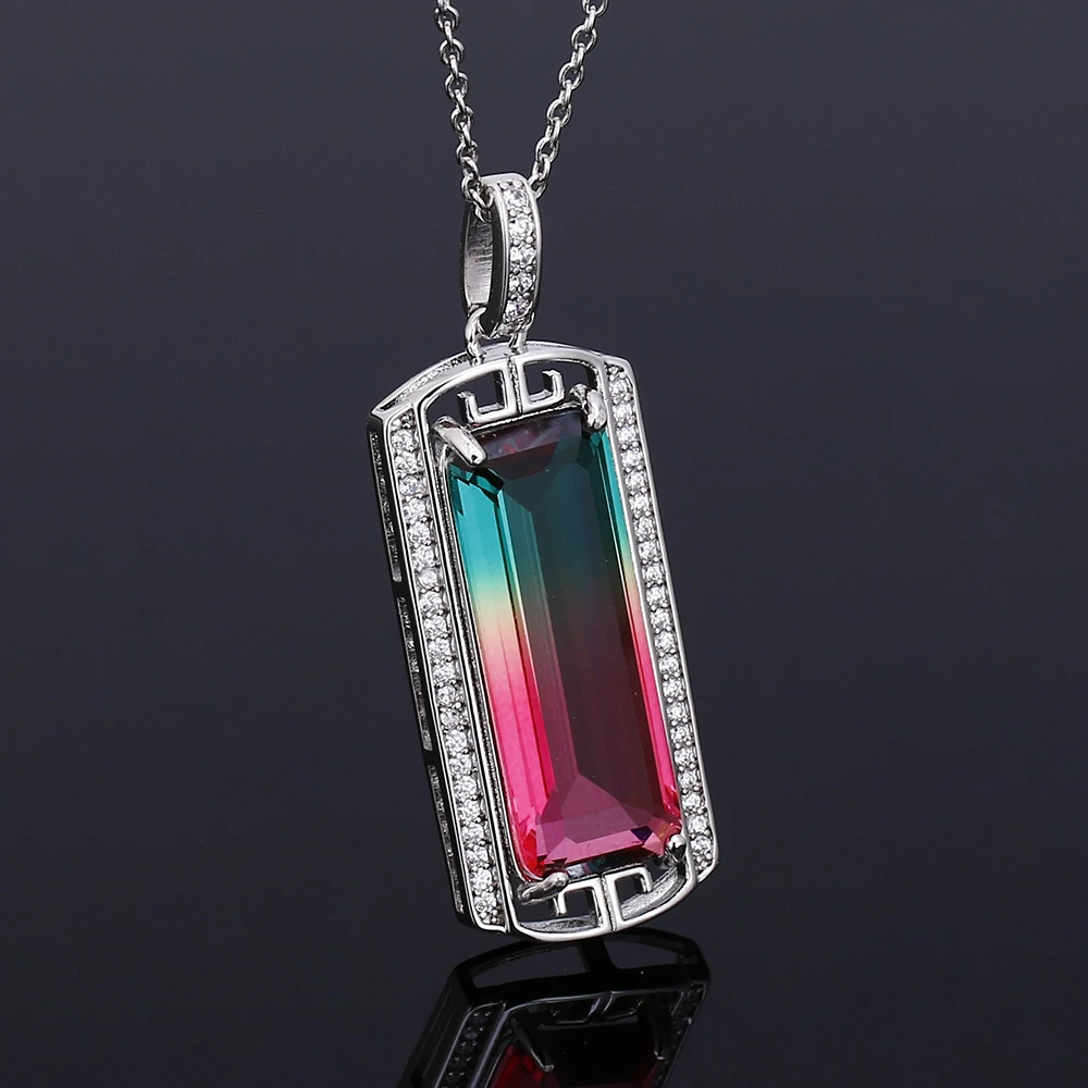 Серебряное ожерелье с подвеской большое прямоугольное 10*26 мм цвет радуги Турмалин циркон кулон ожерелье вечерние Подарок на годовщину