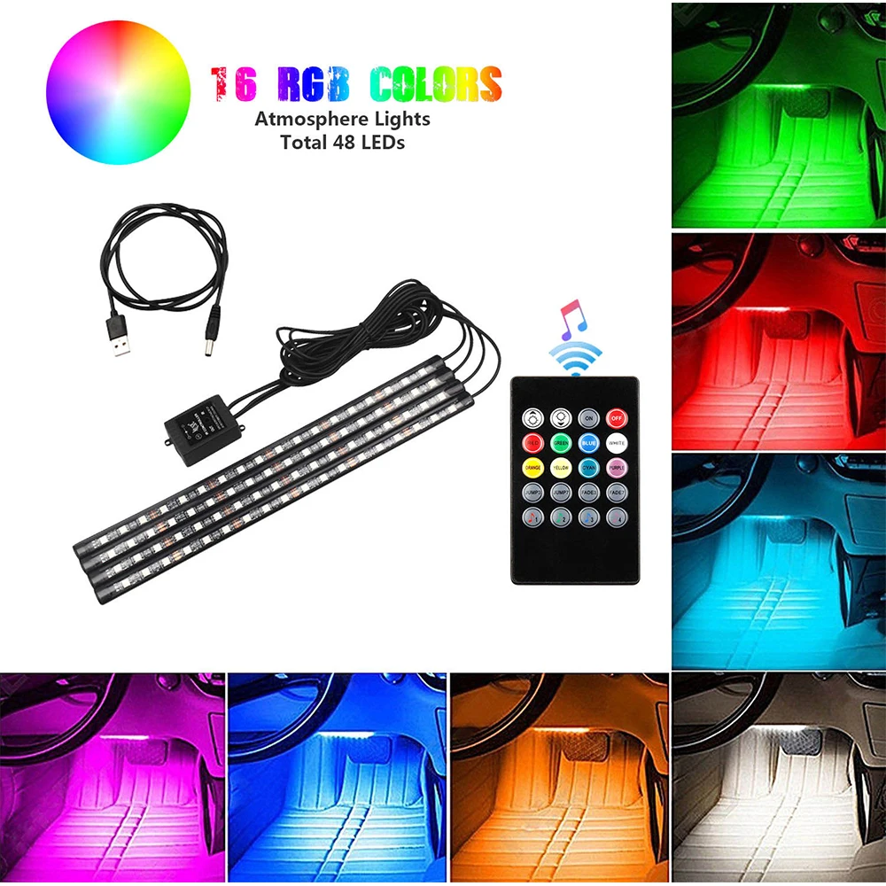 12-LED Car Auto Interior Strip Light Neon Atmosphere RGB Music Remote Control 