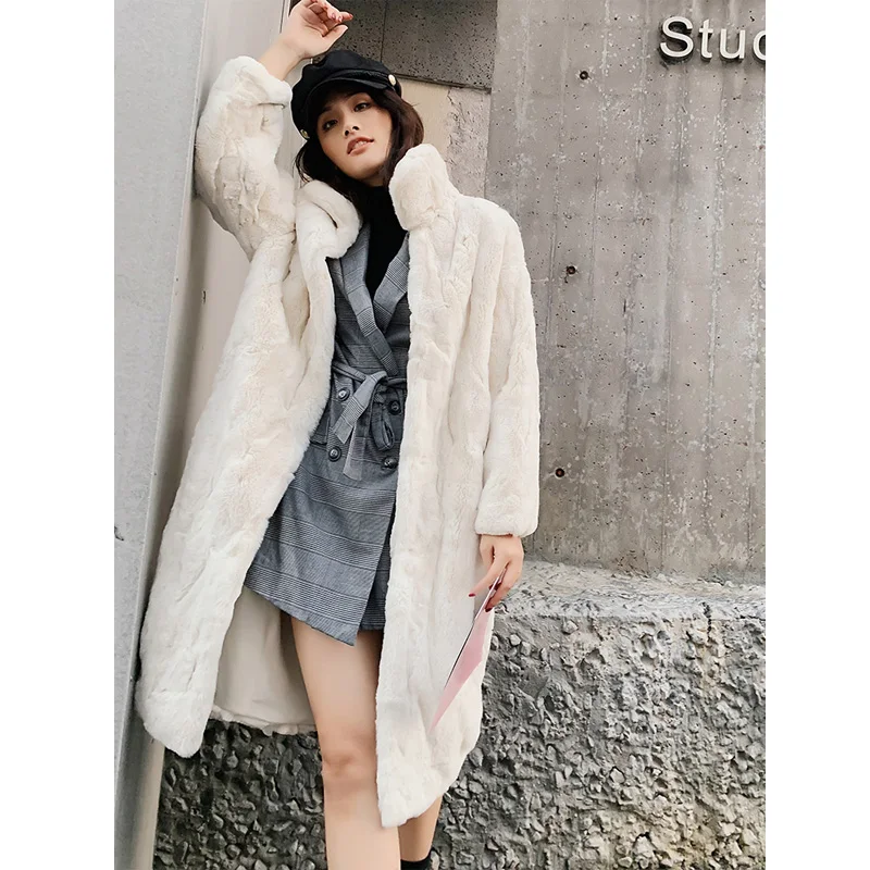 

JKP 100% Natural Rex Rabbit Fur Long Coat for Women Winter Warm New Fashion Casual Jackets Thicken Coat Clothing High Quality