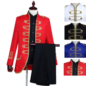 

Palace Stage Costumes Gold Buttons Decoration Black Red White Royal blue With Shirt Black Suit Pants