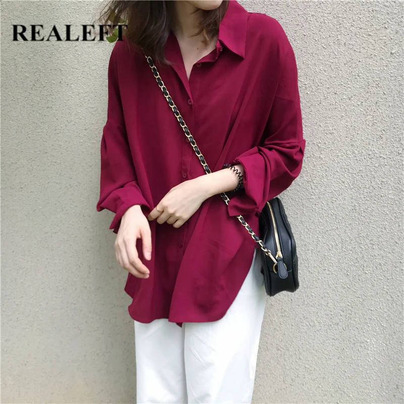 REALEFT Spring 2020 New Women's Shirt Female Blouse Tops Batwing Sleeve Turn-down Collar Korean OL Style Women Loose Blouses | Женская