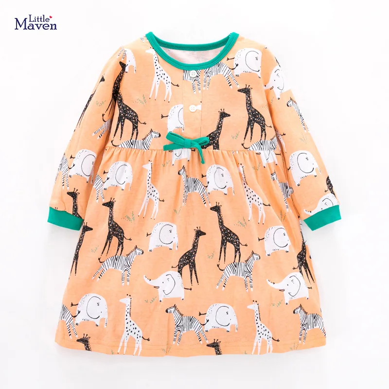 

Little Maven New Spring Autumn Kids Orange Animals O-neck Girls 2-6yrs Button Full-sleeved Bow Cotton Knitted Casual Dresses