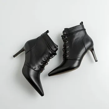 

2019 New Style Leather Short Boots Winter Simple Versatile Solid Color Short Boots Lace up Front High-Heel Thin Heeled European