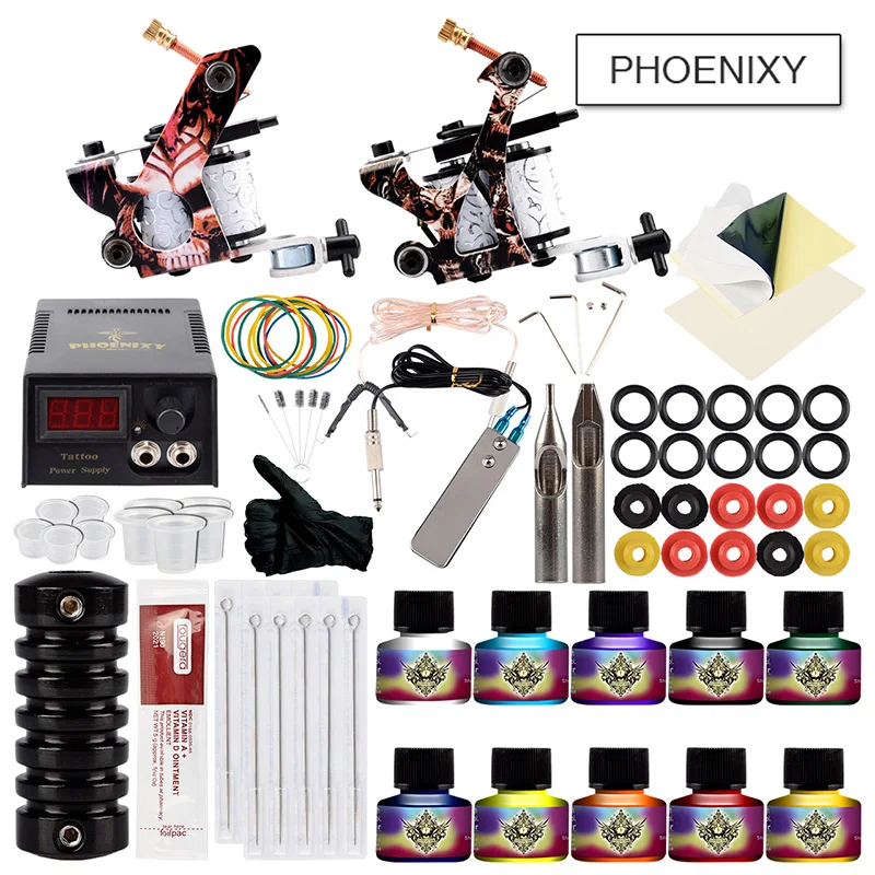  Professional Tattoo Kits Tattoo Machine Set 2 Tattoo Machine Guns 10 Colors Ink Set LCD Black Power