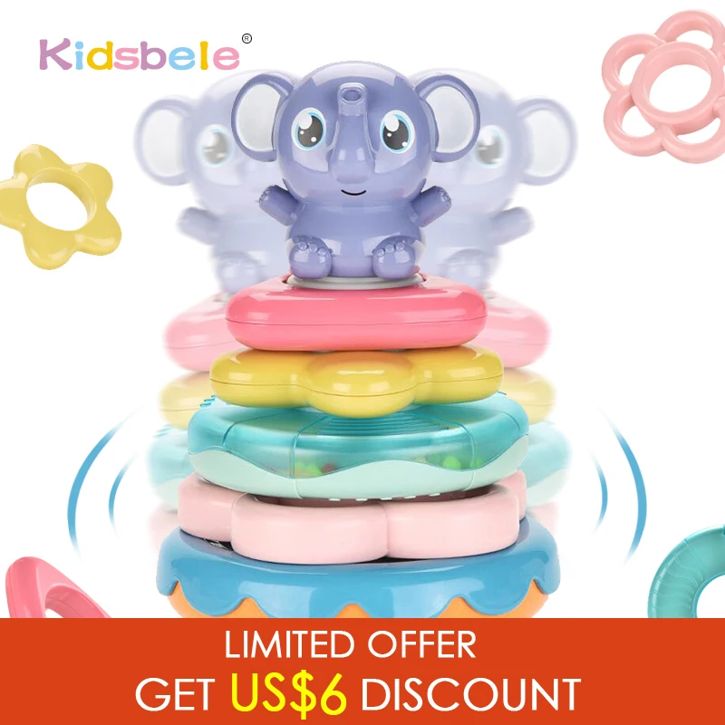 Baby Musical Toy Rattles For Kids Infant Interactive Stacking Ring Tower Early Learning Elephant Toddler Educational Tumbler Toy