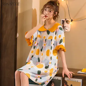 

Nightgowns Women Printed Crew Neck Ruffles Striped Sleepwear Loose Summer Ulzzang Short Sleeve Lovely Nighty Tops Womens Fashion