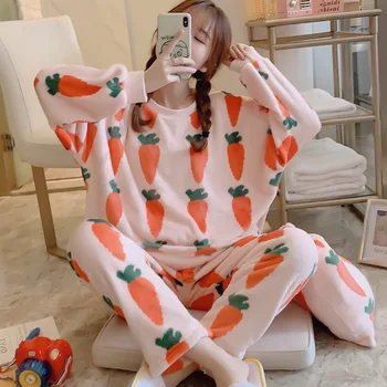 

Beautiful Flannel Pajamas for Women Winter Loose Leisure Womens Sleepwear Set Cute Homewear Send Same Storage Bag Fashion Design