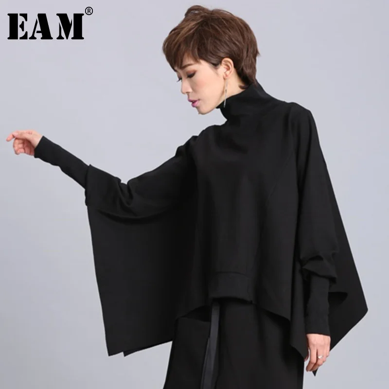 Asymmetrical EAM Women Oversized Sweatshirt Turtleneck Long-Sleeve Black Big-Size Fashion