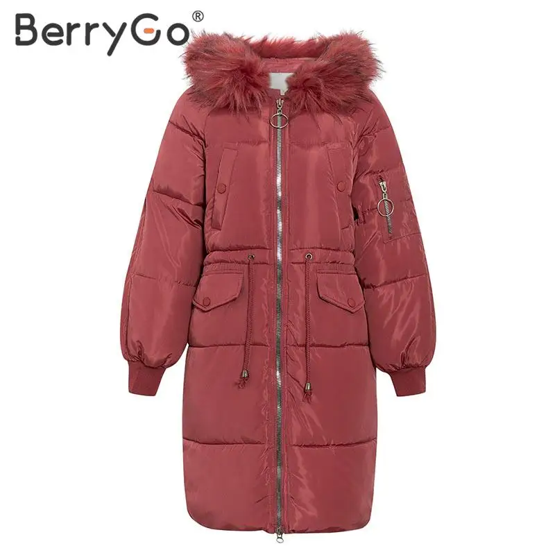BerryGo, повседневные длинные женские парки с карманами, на молнии, на шнуровке, женская верхняя одежда, зимние теплые куртки с меховым воротником и капюшоном, женское Стеганое пальто