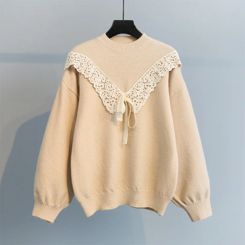 khaki Neploe Pull Femme, кружевной лоскутный свитер для женщин, корейская мода, галстук-бабочка, новинка, Pull Jumpers, женские пуловеры с круглым вырезом и длинным рукавом 55593 - Цвет: khaki