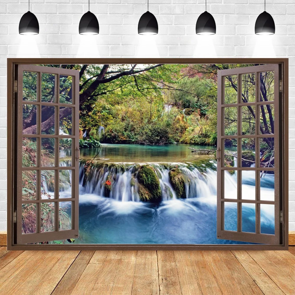 

Spring River Waterfall Forest Window Backdrop For Photography Background Natural Scenery Family Photo Shoot Booth Photocall