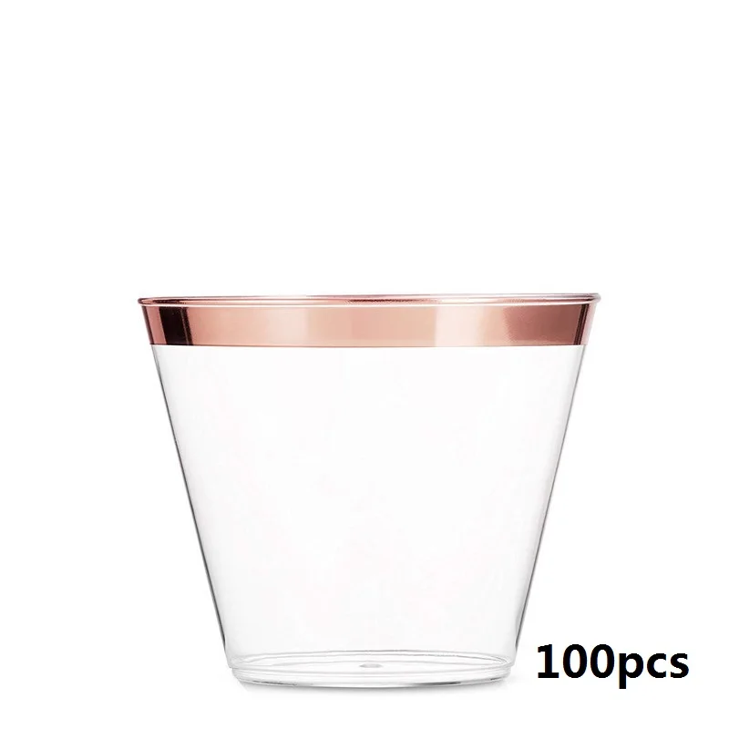 100 шт Золотые пластиковые одноразовые стаканчики набор розово-золотые ободковые бронзовые стаканчики серебряные стаканчики для свадебной вечеринки прозрачные стаканы желе чашки 9 унций - Цвет: Rose Gold Cups