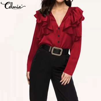 

S-5XL Celmia Women Fashion Solid Blouse Long Sleeve Ruffles Shirt Casual Buttons Slik Tops Plus Size Ladies Elegant Blusas Mujer
