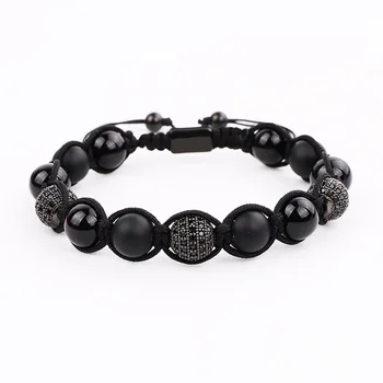 Men Beaded Bracelet Micro CZ Pave Black Ball Natural Stone Cord Braided Macrame Wrap Bracelet Male Jewelry Gift
