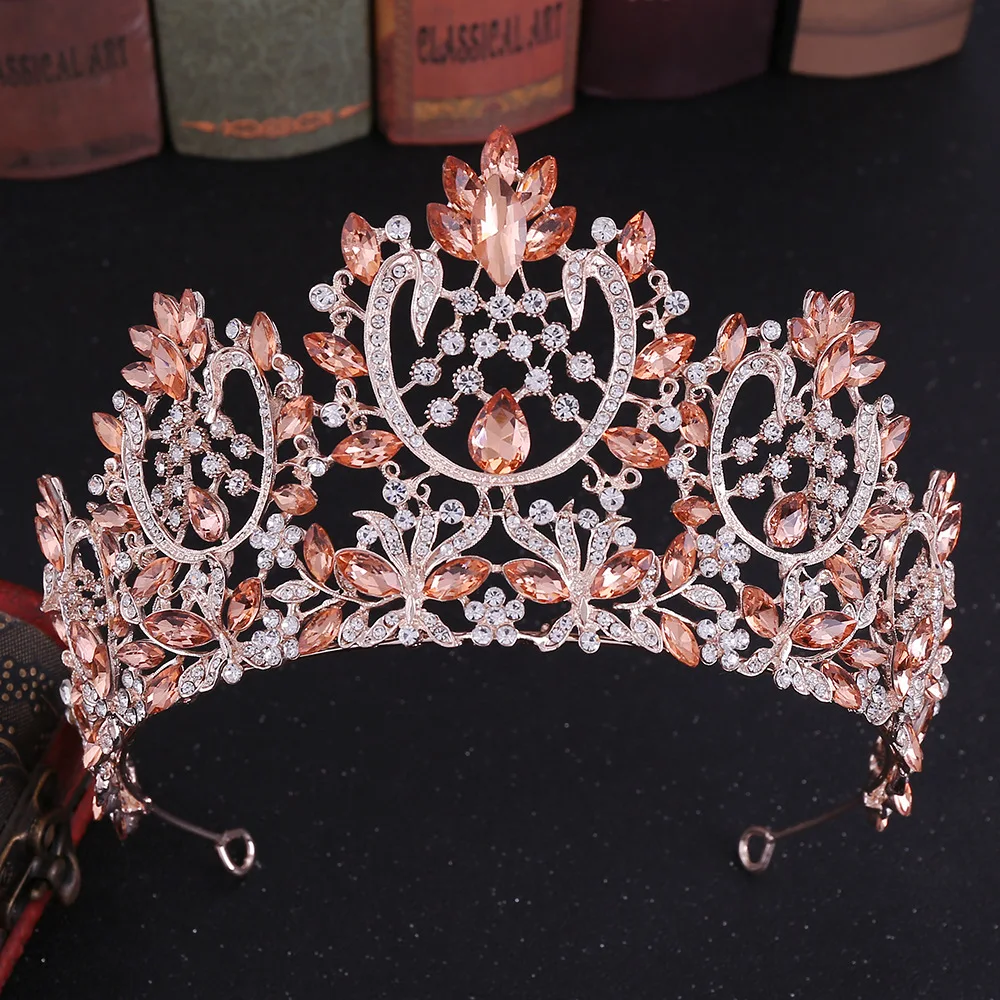 

KMVEXO New Vintage Luxury Big European Bride Wedding Tiaras Gorgeous Champagne Crystal Large Queen Crown Bridal Hair Accessories