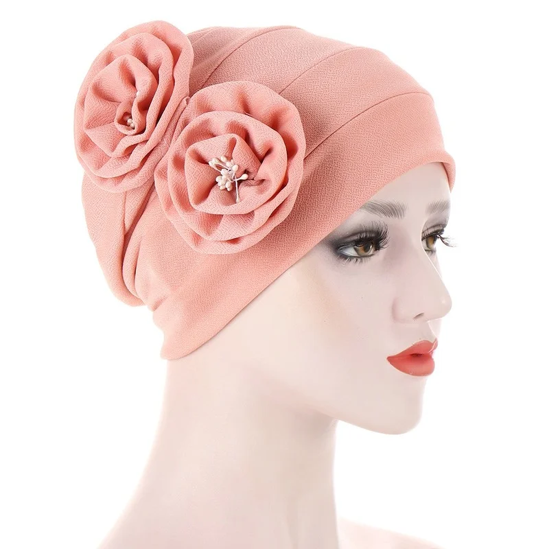 

Indian Turban Hat Double Outer Flower Muslim Solid Color Pleated Wholesale Muslim Dress Hijab Cap Hair Accessories