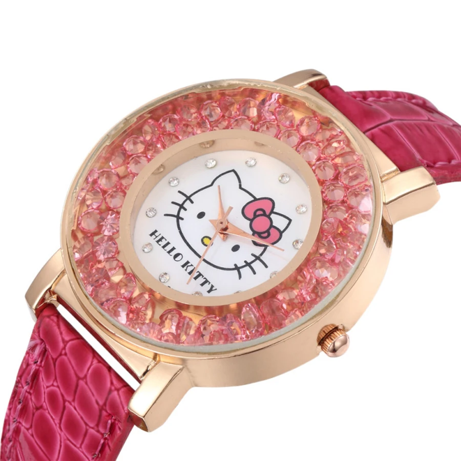 Hello Kitty Women Kids Watch Cute Pattern Pink Rhinestones Cartoon Children Watch High Quality Leath