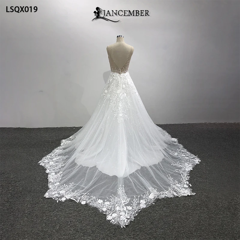 LSQX019 2021 new wedding dress a line with sequins lace sleeveless v neck blackless white wedding dress белое кружевное платье 2