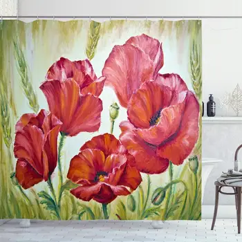 

Shower Curtain Set with Hooks 60x72 Color Artwork Poppies Morning On Alight Wheat Drawn Elegant Canvas Flower Nature Oil Design