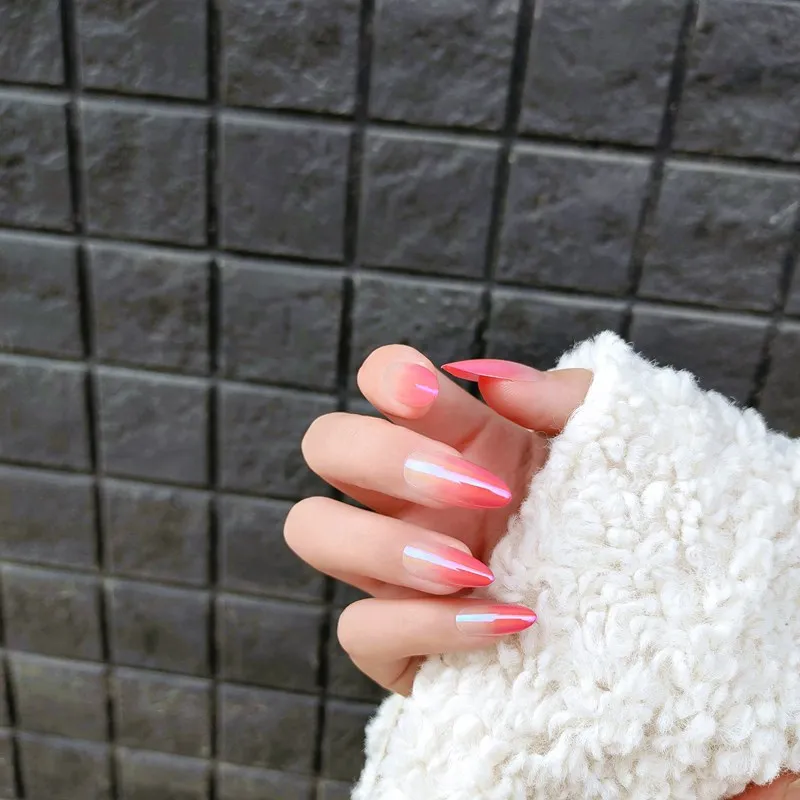 Falsas com Cola Estilo Longo Fresco Simples Persistente Wearable Unhas Cor Rosa Aurora Gradiente Terminadas 24 Pçs