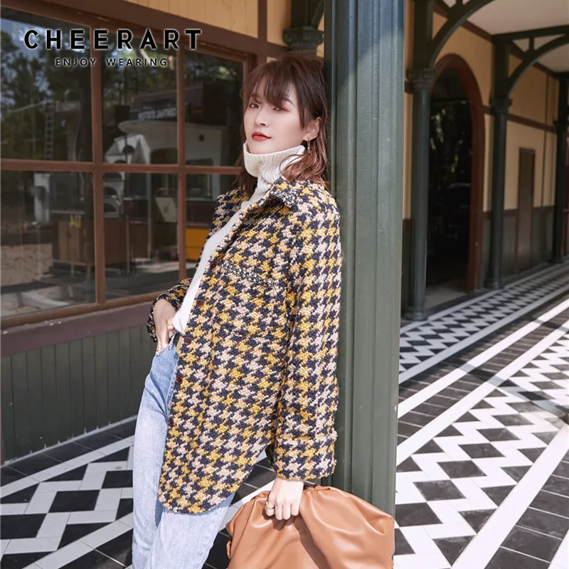CHEERART зимнее шерстяное пальто в ломаную клетку, Женское шерстяное корейское твидовое пальто, женская зимняя теплая клетчатая куртка, одежда