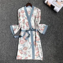 Spring Summer Women Satin Silk Bathrobe Thin Nightshirts Female Loose Silk Robes Ladies Flower Print Sleepwear