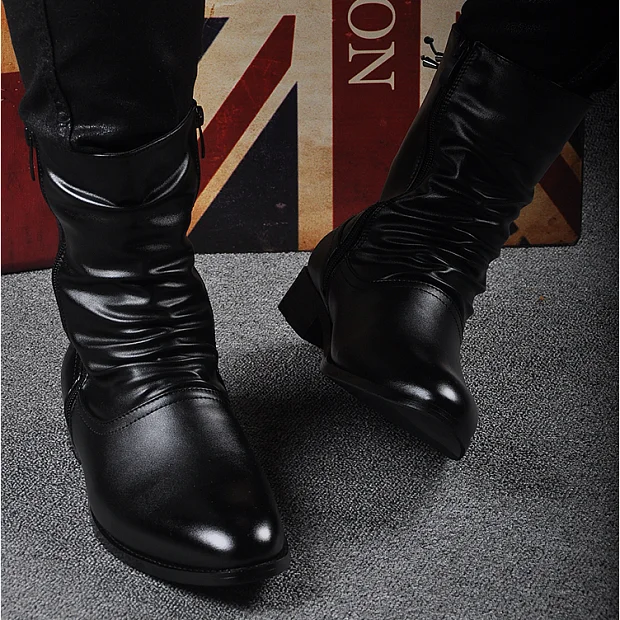 Mens Leather Boots Idopy Spring Autumn Men Pointed Toe Lace Faux Leather Boots Male Punk Leather High Heels Shoes Zipper Booties