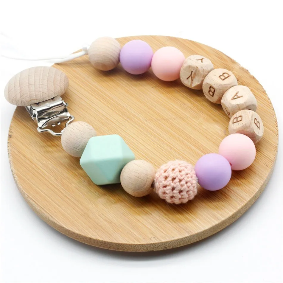 

1pc Custom Name Personalised Beads Dummy Clip Pacifier Chain Holder Natural Organic Crochet Wood Baby Newbor Shower Gift