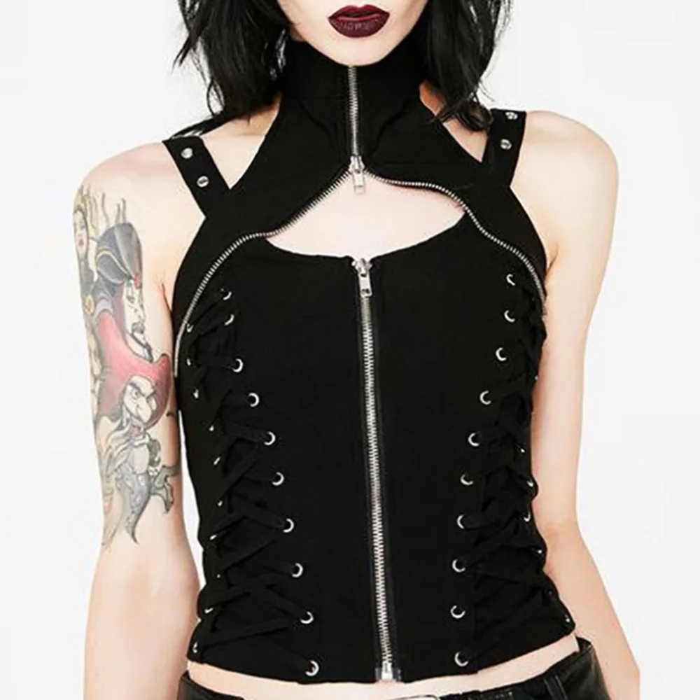 Goth Punk Black Tank Top Women Bandage Sexy Hollow Lace Up Zipper
