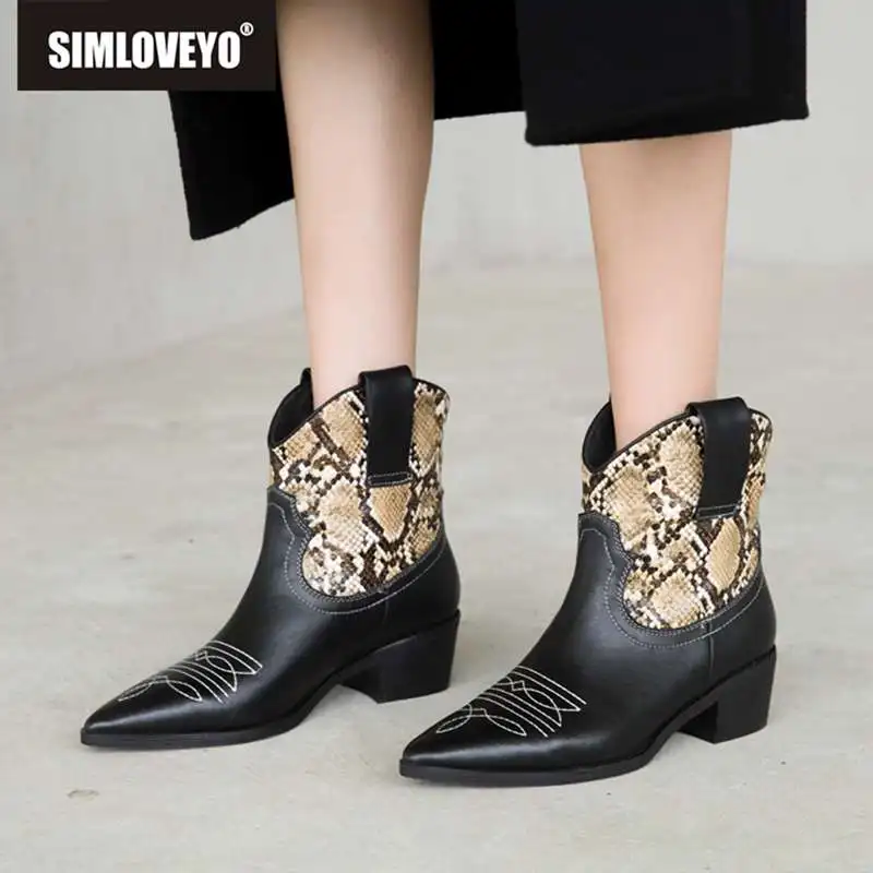 

SIMLOVEYO brand genuine cow leather boots for women pointed toe toe western cowboy booties mixed color chunky heels bottes bota