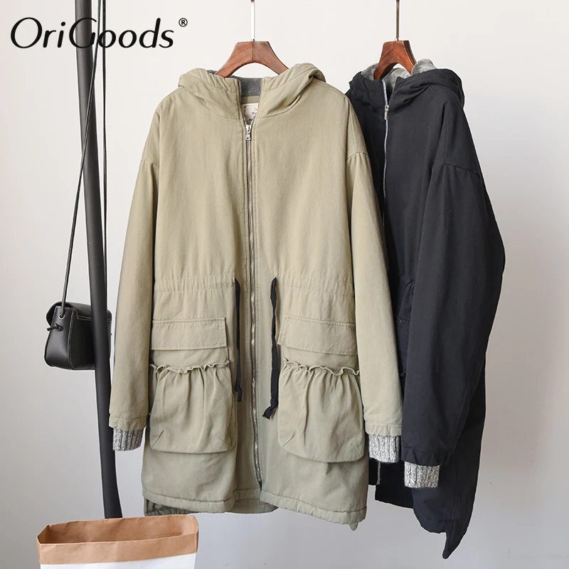 Light army green OriGoods, Женское зимнее пальто, толстое, теплое, стекается, парка, пальто, для женщин, с капюшоном, корейская мода, длинное пальто, плюс размер, пальто, верхняя одежда, H069 - Цвет: Light army green