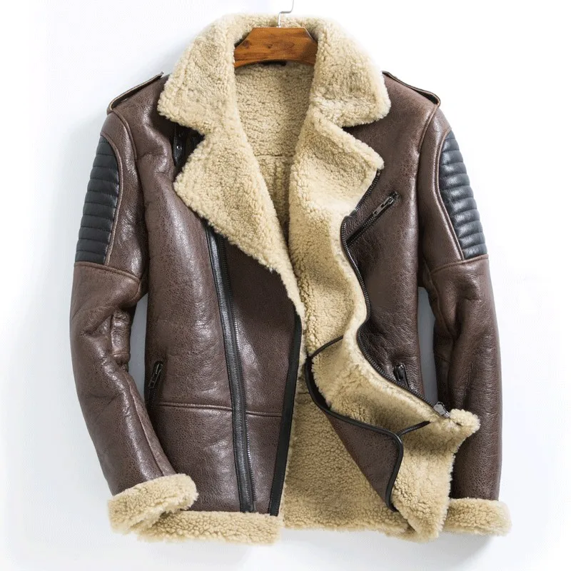 Мужская куртка из овчины, модная узкая мотоциклетная байкерская куртка, зимняя теплая куртка на молнии из натуральной кожи, короткие пальто размера плюс 5XL - Цвет: 2