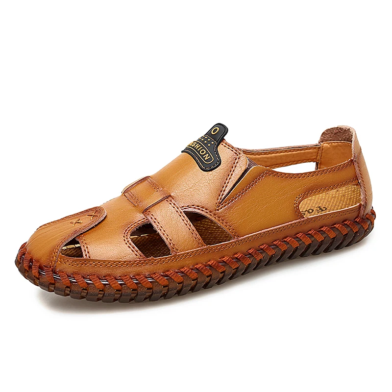KATESEN/летние мужские сандалии из натуральной кожи в римском стиле; Повседневная обувь в деловом стиле; уличные пляжные шлепанцы; Мужская обувь; большие размеры 39-48 - Цвет: yellow  Sandals