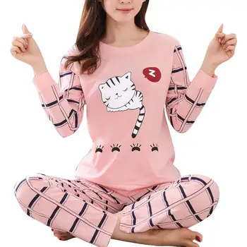 

New pajama set women winter Cute Cartoon Cat Print Pajama Set Women Two-pieces Long Sleeve Sleepwear Woman Sleepwear Women 2020