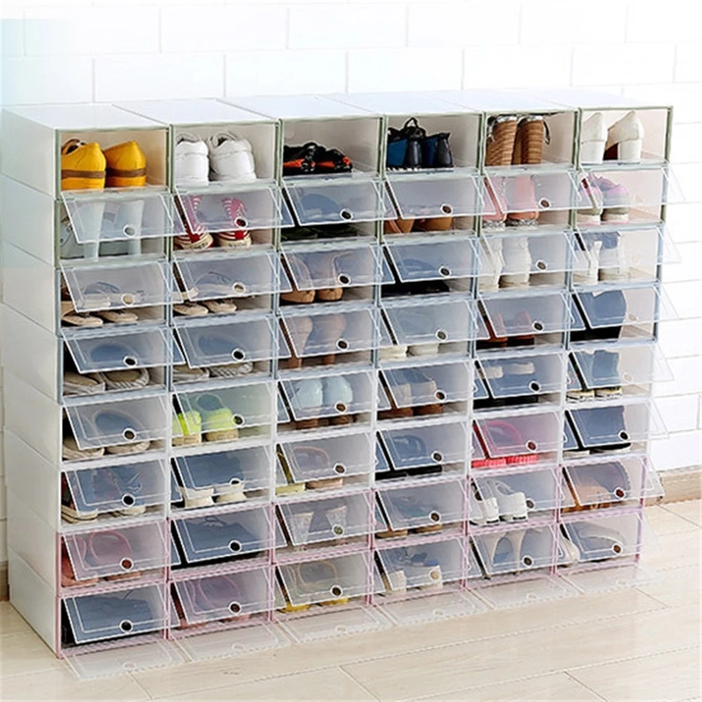Складываемая коробка для обуви с прозрачным отверстием, складывающиеся цветные кроссовки на высоком каблуке, коробка для хранения пыли и воды, шкаф для обуви