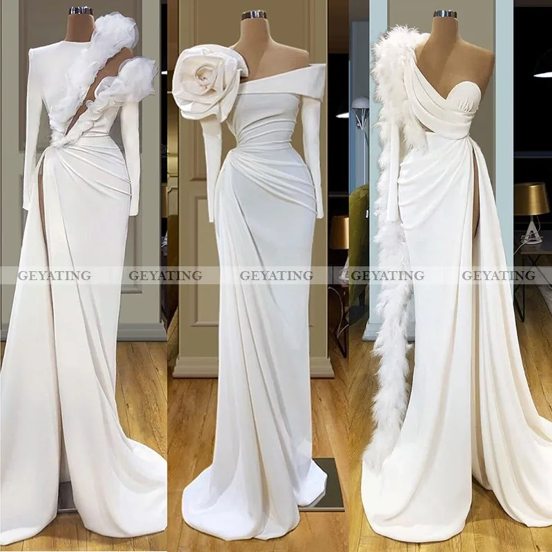 Elegante 3D Bloem Lange Witte Mermaid Avondjurk Lange Mouwen Hoge Split Een Schouder Prom Dresses 2020 Vrouwen Formele Party gown Elegante 3D Bloem Lange Witte Mermaid Avondjurk Lange Mouwen Hoge Split Een Schouder Prom Dresses 2020 Vrouwen Formele Party gown