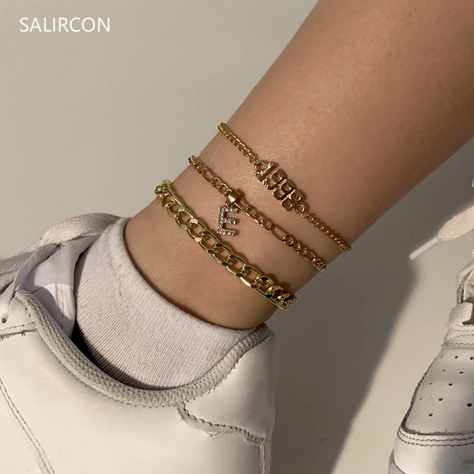 

Salircon 3pcs/lot Boho Letter E Number Year Charm Anklet Bracelet For Women Cuban Chain Rhinestone Bracelet Sandals Foot Jewelry