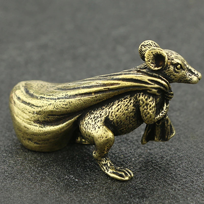  1X Copper Brass Mouse Rat Money Bag Chinese Style Ornament Small Statue Figurine Miniature Home Off