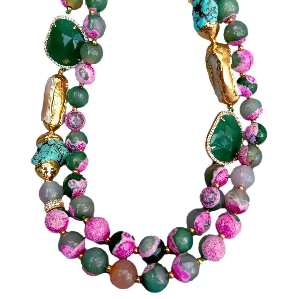 

Y·YING 2 Rows fuchsia Green Faceted Agate White Biwa Pearl Crystal Turquoise Necklace