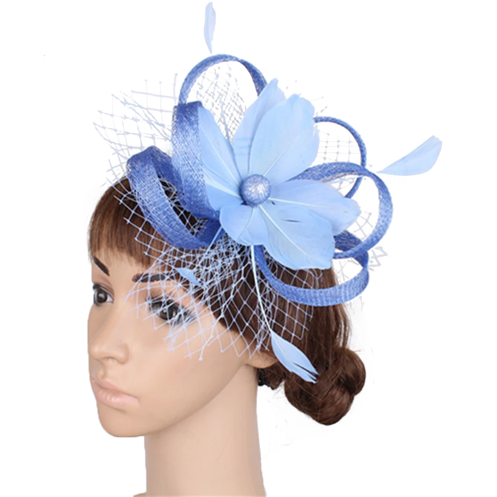 Chapeau loops hat женские свадебные вуалетки розничная модные коричневые аксессуары для волос Аккуратные красные перья головной убор с цветами MYQ090 - Цвет: Светло-голубой