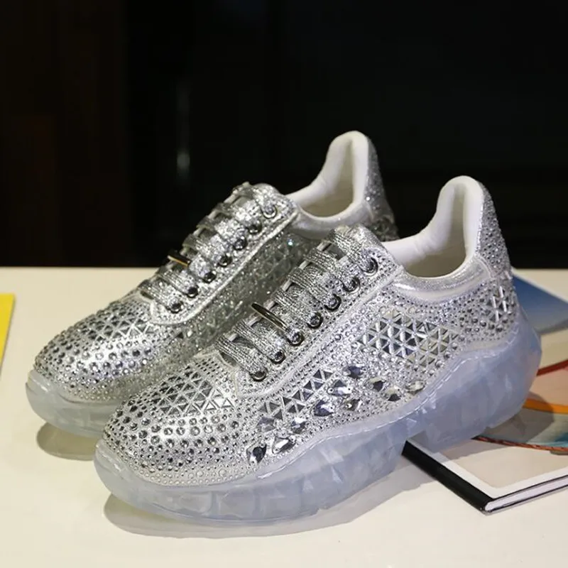 

Gray Princess Transparent Rhinestone Silver Sneakers Spring Autumn Fashion New Comfortable Soft Breathable Running Casual Shoes