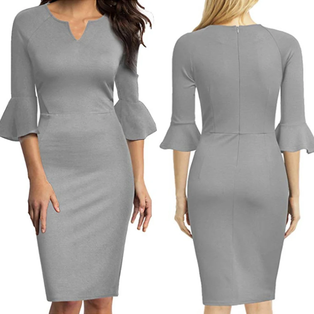 Women Dress Y-neck Daily High Waist Work Elegant Package Hip Shopping Knee Length Midi Solid Travel Three Quarter Sleeve